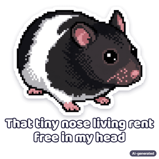 Pixel-art hamster, captioned: That tiny nose living rent free in my head