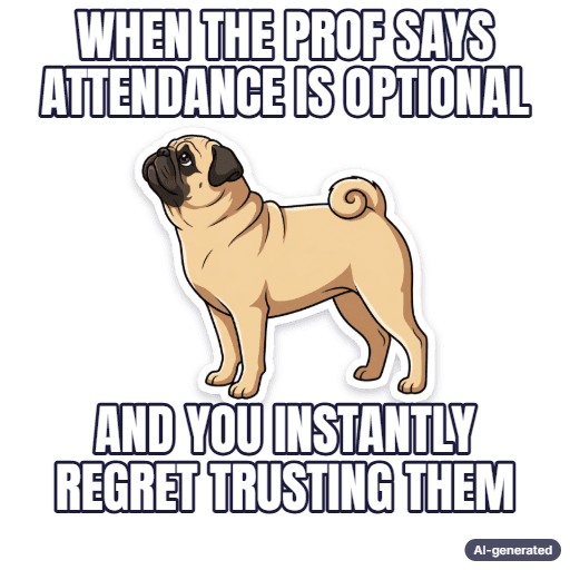 Cartoon pug, captioned: When the prof says attendance is optional and you instantly regret trusting them